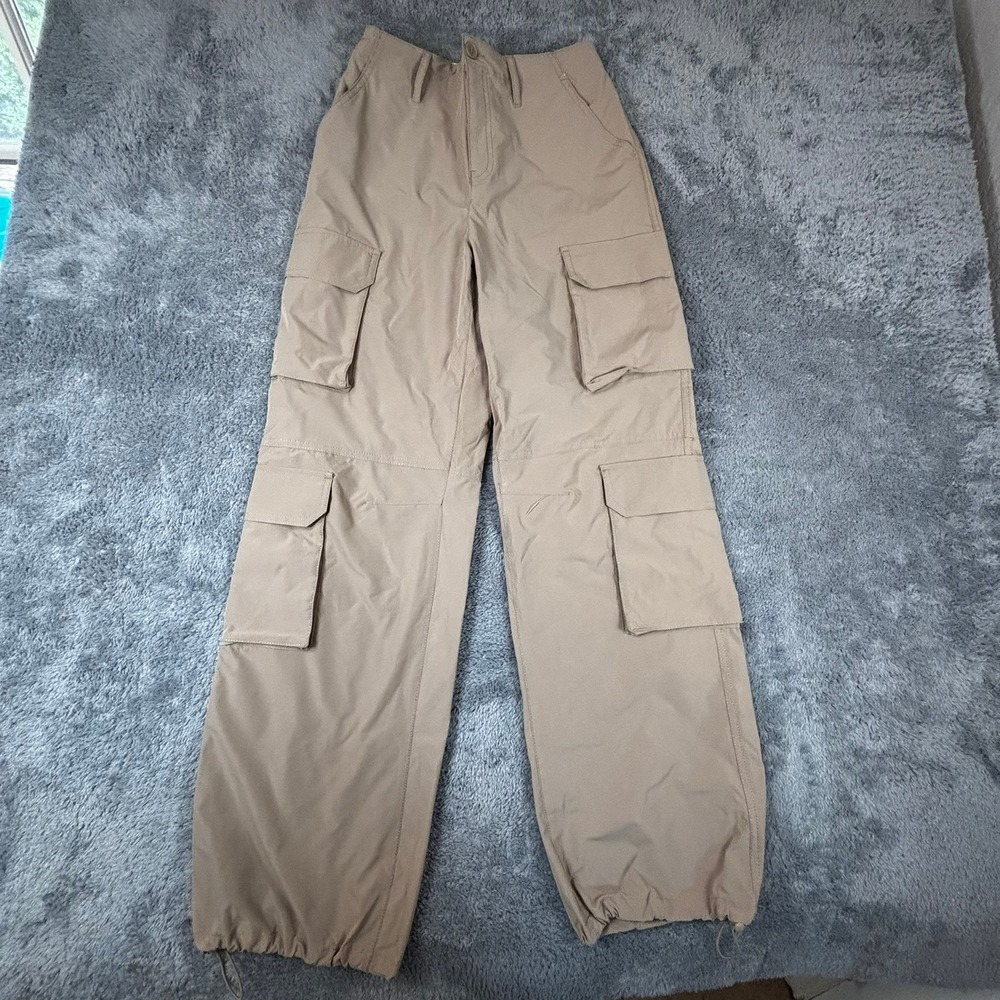 Love Tree Khaki Tan Parachute Cargo Pants Wide Leg Drawstring Hem Womens Size M